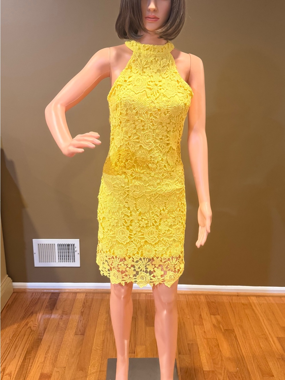 Yellow Lace Halter Sheath Dress